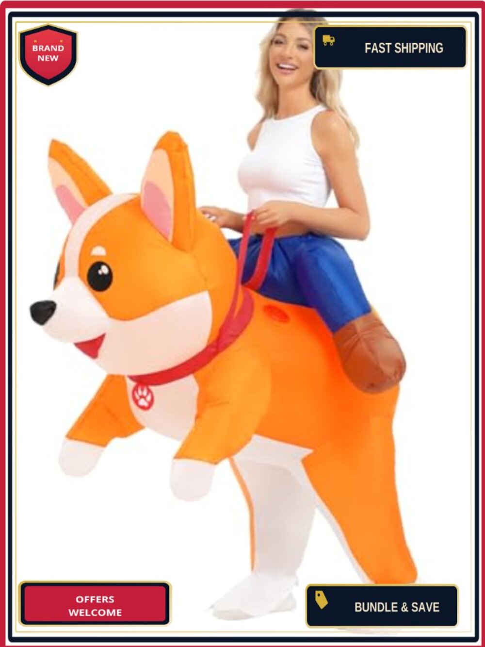 Inflatable Corgi Dog Costume Adult Halloween Blow Up Ride On Animal Suit Cosplay